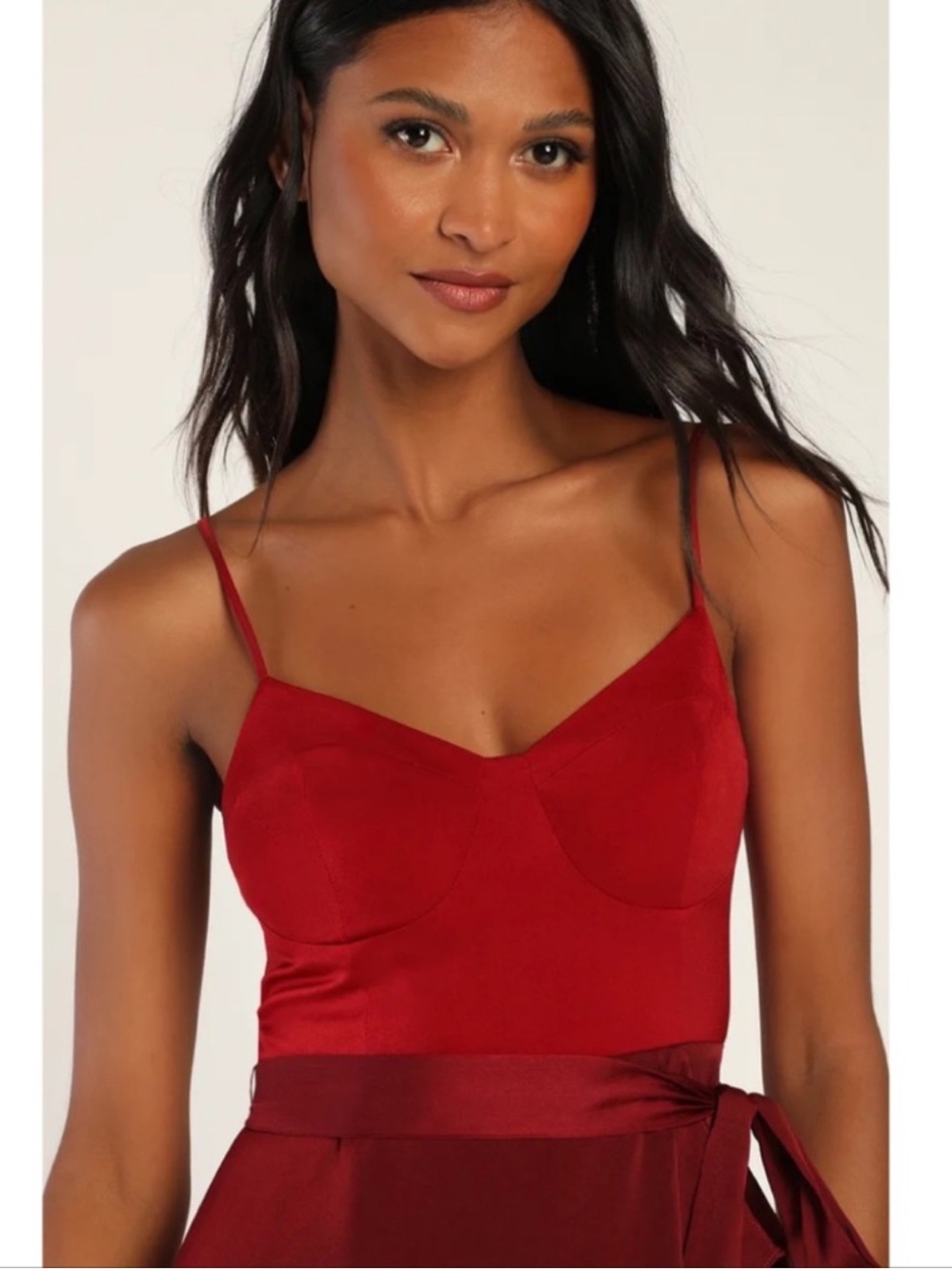 Lulus Double Darling Burgundy Color Block Satin Ruffled Maxi Dress Medium NWT - Picture 2 of 7